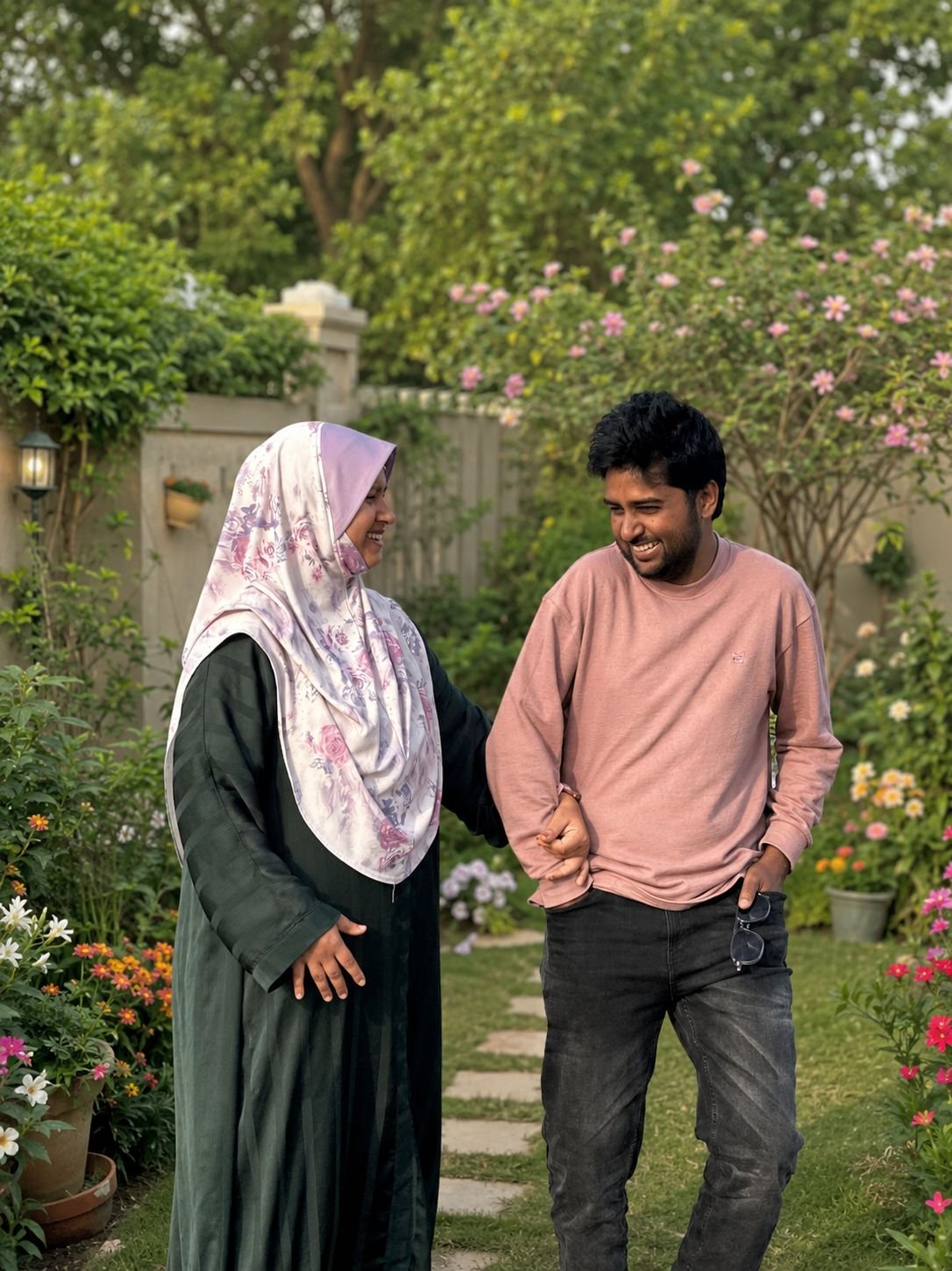 Mo and his wife in their garden